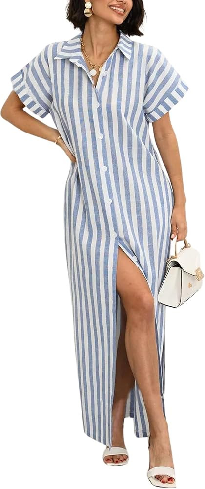 chouyatou Women's Summer Short Sleeve Striped Shirt Dress Beach Maxi Long Belted Casual Button Do... | Amazon (US)