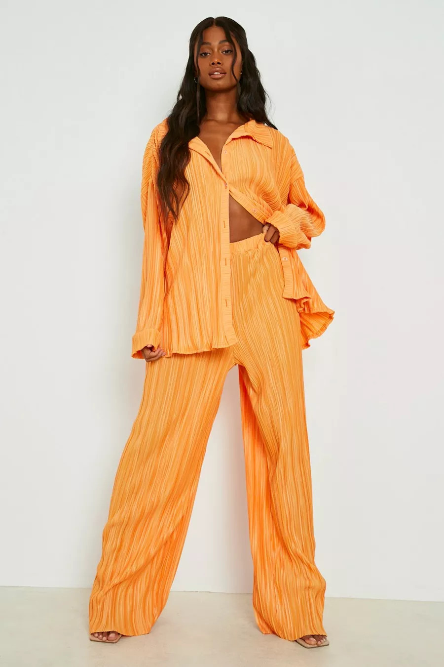 Orange Matte Plisse Wide Leg Trousers | Boohoo.com (UK & IE)