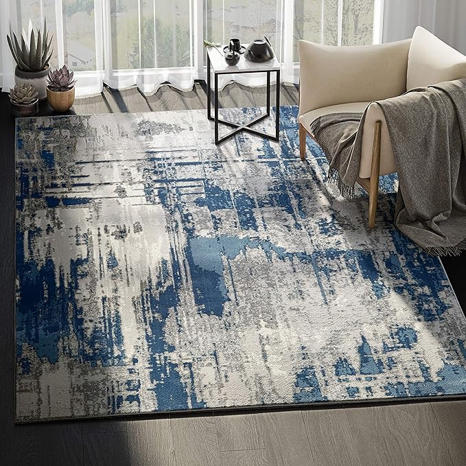 Abani Rugs Blue & Grey Abstract Motif Area Rug - Rustic Contemporary Modern Style, Vista Collecti... | Amazon (US)