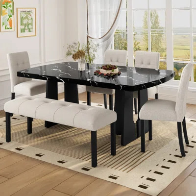 6 Piece Modern Dining Table Set, 63" Faux Marble Dining Table And 4 Upholstered Tufted Dining Chairs | Wayfair North America