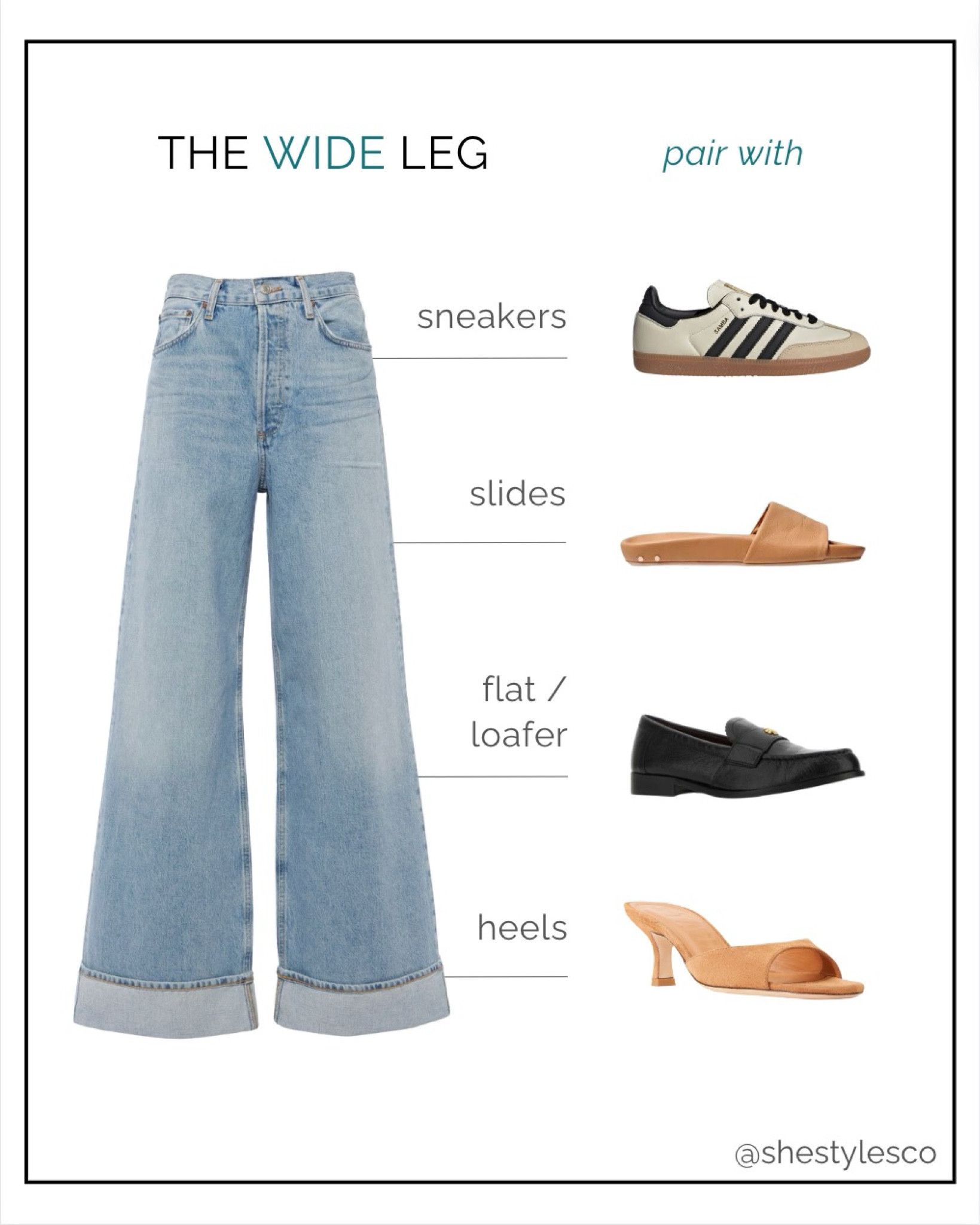Pairing Guide: Jeans & Shoes👖
WIDE-LEG JEANS
Sneakers
Slides
Flats / Loafers
Heels

Spring style. Spring outfit. Jeans. Spring fashion. Outfit idea. Jeans outfit.

#LTKstyletip