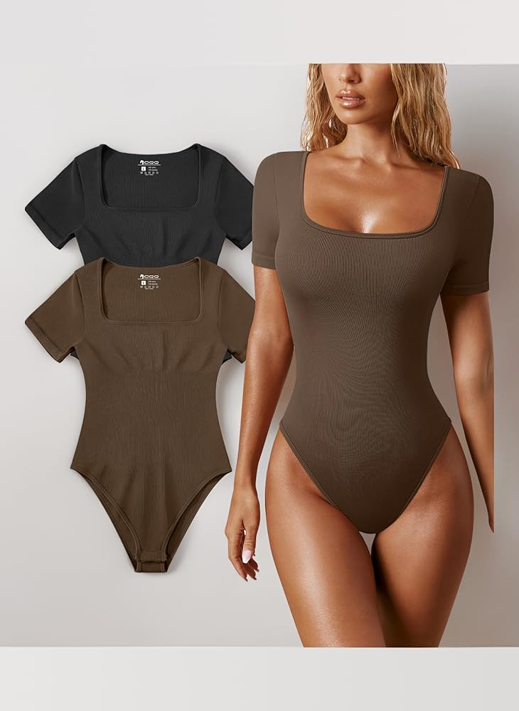 OQQ Women Bodysuits Square Neck 2 Piece Short-sleeve Tummy Control Seamless Fashion Bodysuits | Amazon (UK)