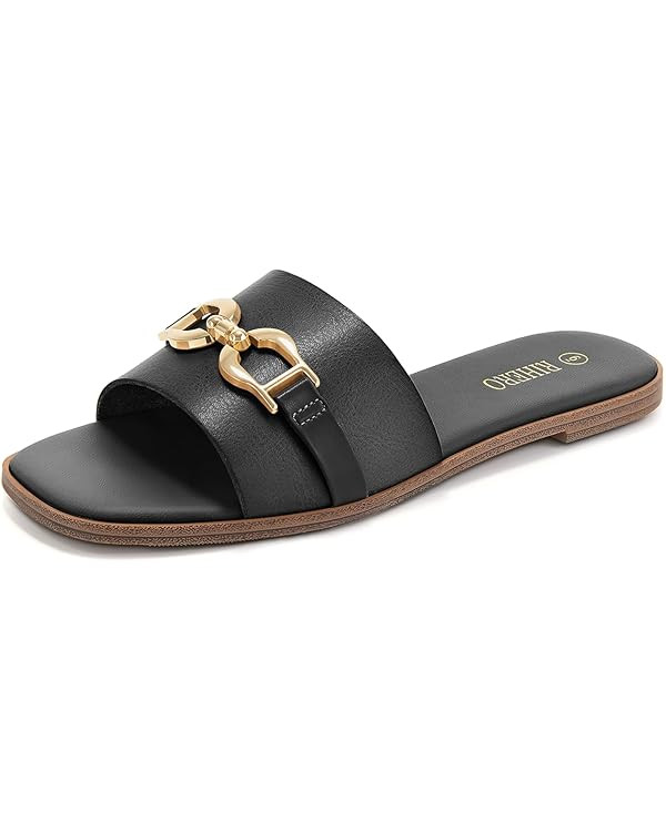 Rihero Women's Flat Sandals Summer Comfortable Square Open Toe Slip On Leather Slide Sandals | Amazon (CA)