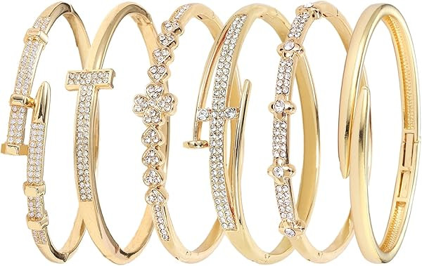 Pack of 6 - Gold Bracelet Bangles Bulk Set for Women,Trendy Stackable, Zinc Alloy Rivet & Four-Le... | Amazon (US)