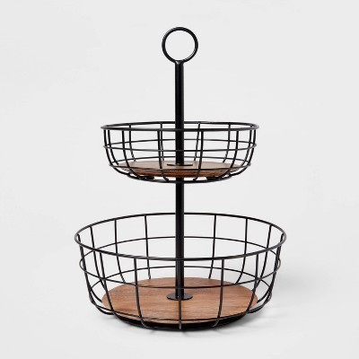 Iron and Mangowood Wire 2-Tier Fruit Basket Black - Threshold™: Traditional Round Produce Holder, Mango Wood & Iron | Target