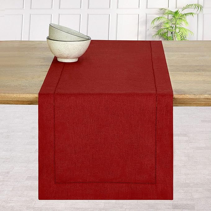 D'Moksha Homes 100% Pure Linen Hemstitch 14 x 72 Inch Table Runner for Christmas- Divine Red, Nat... | Amazon (US)