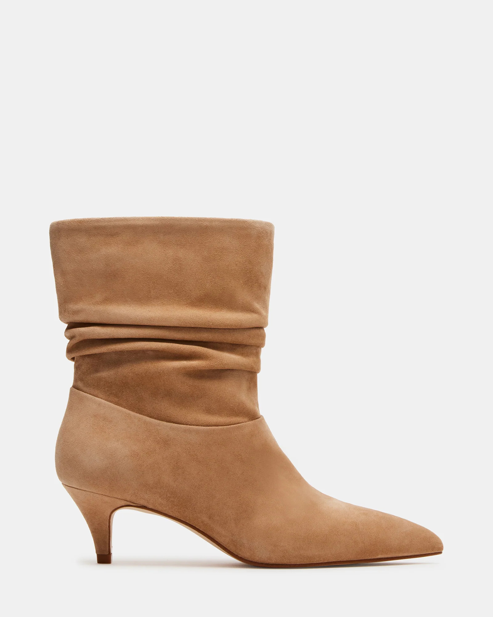 BRINWOOD Sand Suede Scrunched Kitten Heel Boot | Women's Booties | Steve Madden (US)