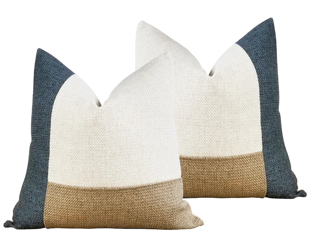 SET of 2 | Blue Coastal Décor Pillow Covers | Navy Blue, White & Beige Colorblock Throw Pillows ... | Etsy (US)