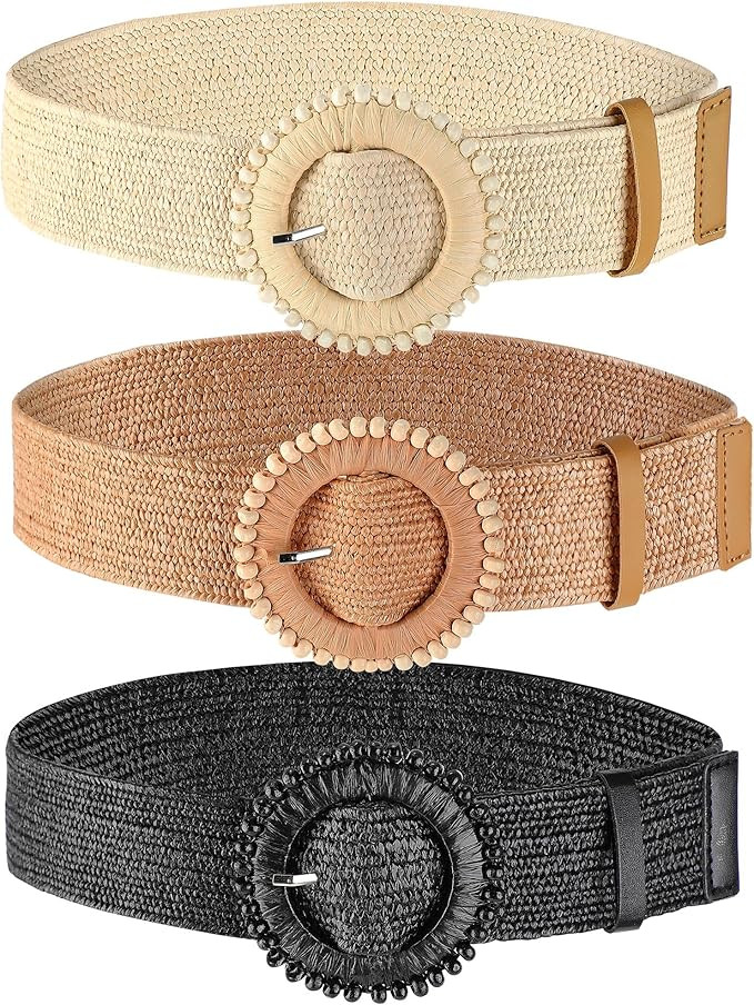WILLBOND 3 Pcs Straw Woven Belts for Women Elastic Stretch Raffia Belt Women Rattan Buckle Waist ... | Amazon (US)