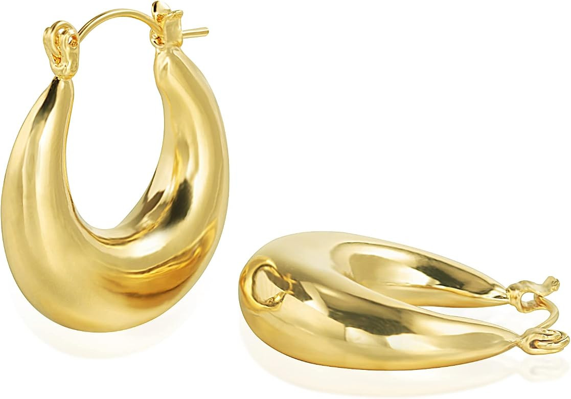 Chunky Gold Hoop Earrings for Women, 14k Gold Plated Thick Triple Twisted Hoop Earrings Hypoaller... | Amazon (US)