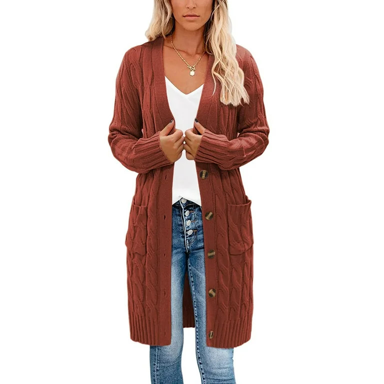 Women's Long Cardigan Coat Open Front Cable Knit Casual Loose Sweater Outwear with Pocket | Walmart (US)