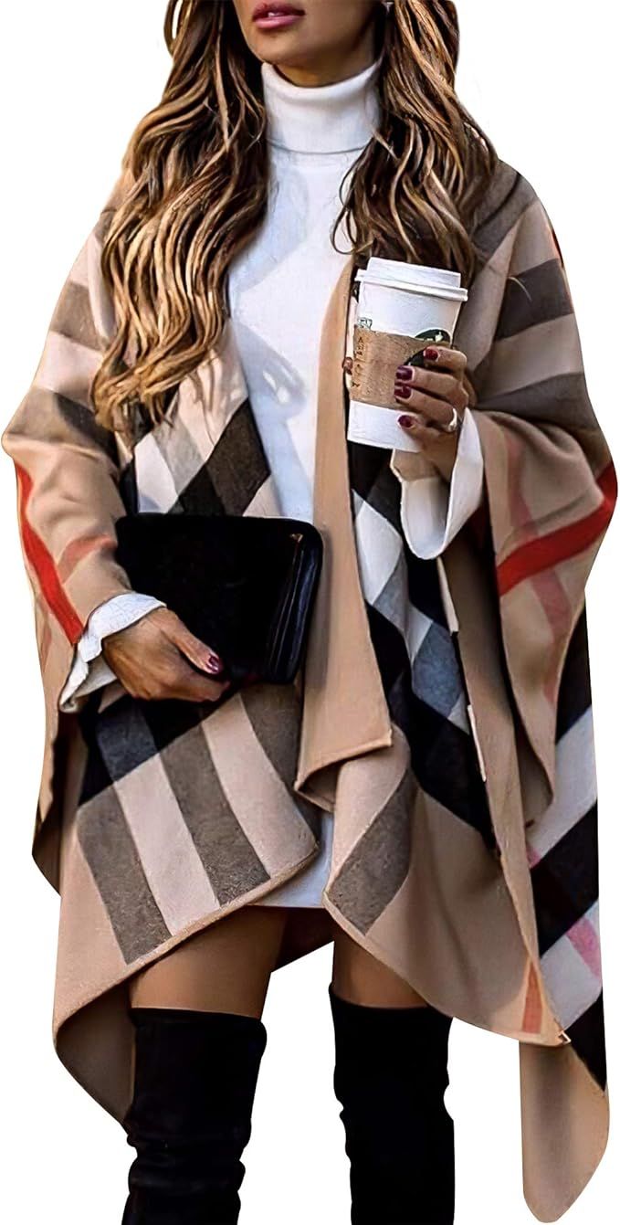 Women's Plaid Cloak Sweater Poncho Cape Coat Blanket Shawls and Wraps Dual-use Woolen Scarf Coat ... | Amazon (US)