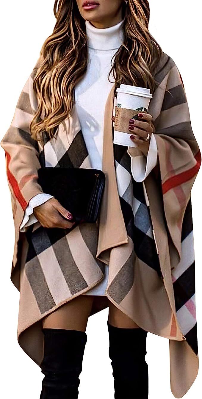 Women's Plaid Cloak Sweater Poncho Cape Coat Blanket Shawls and Wraps Dual-use Woolen Scarf Coat ... | Amazon (US)