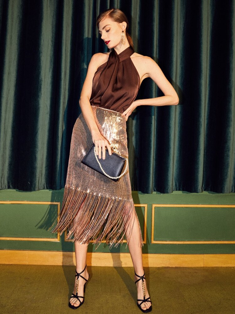 MOTF PREMIUM SEQUIN FRINGE HEM SKIRT | SHEIN