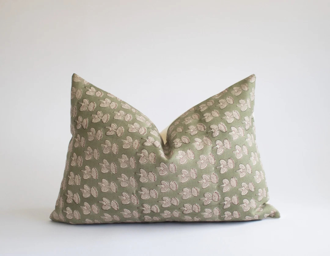 Sage Green Block Print Lumbar Throw Pillow Cover, Hand Block Printed Pillow, Decorative Pillows, ... | Etsy (US)