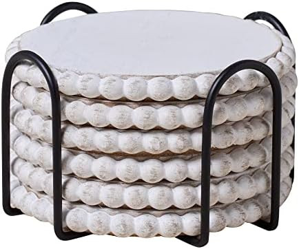 GENMOUS 6 Pack Farmhouse Wooden Bead Coasters with Metal Holder for Coffee Table Decor, Round Han... | Amazon (US)
