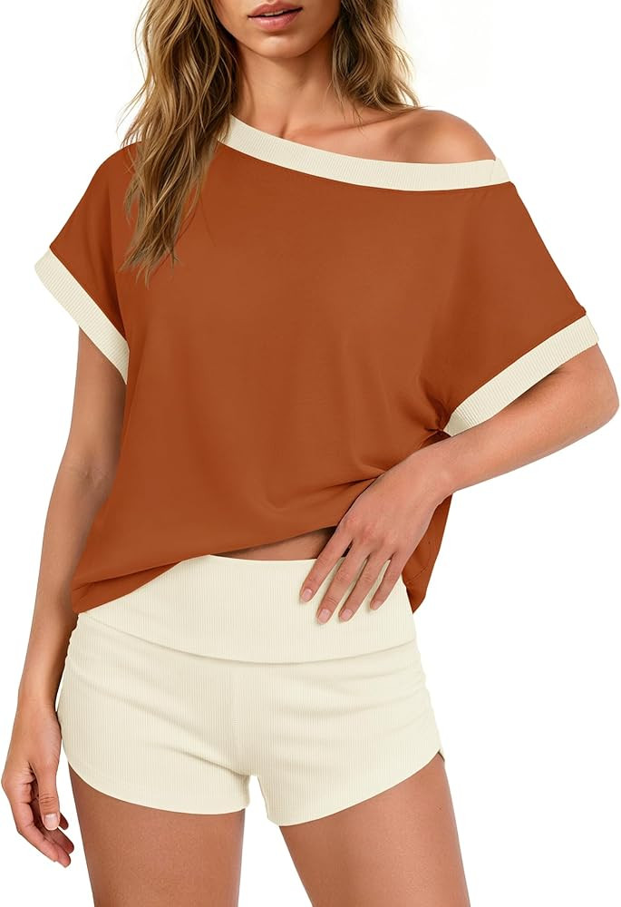 Nirovien Womens Summer 2 Piece Outfits Color Block Lounge Set Oversized Tops and Fold Over Shorts... | Amazon (US)