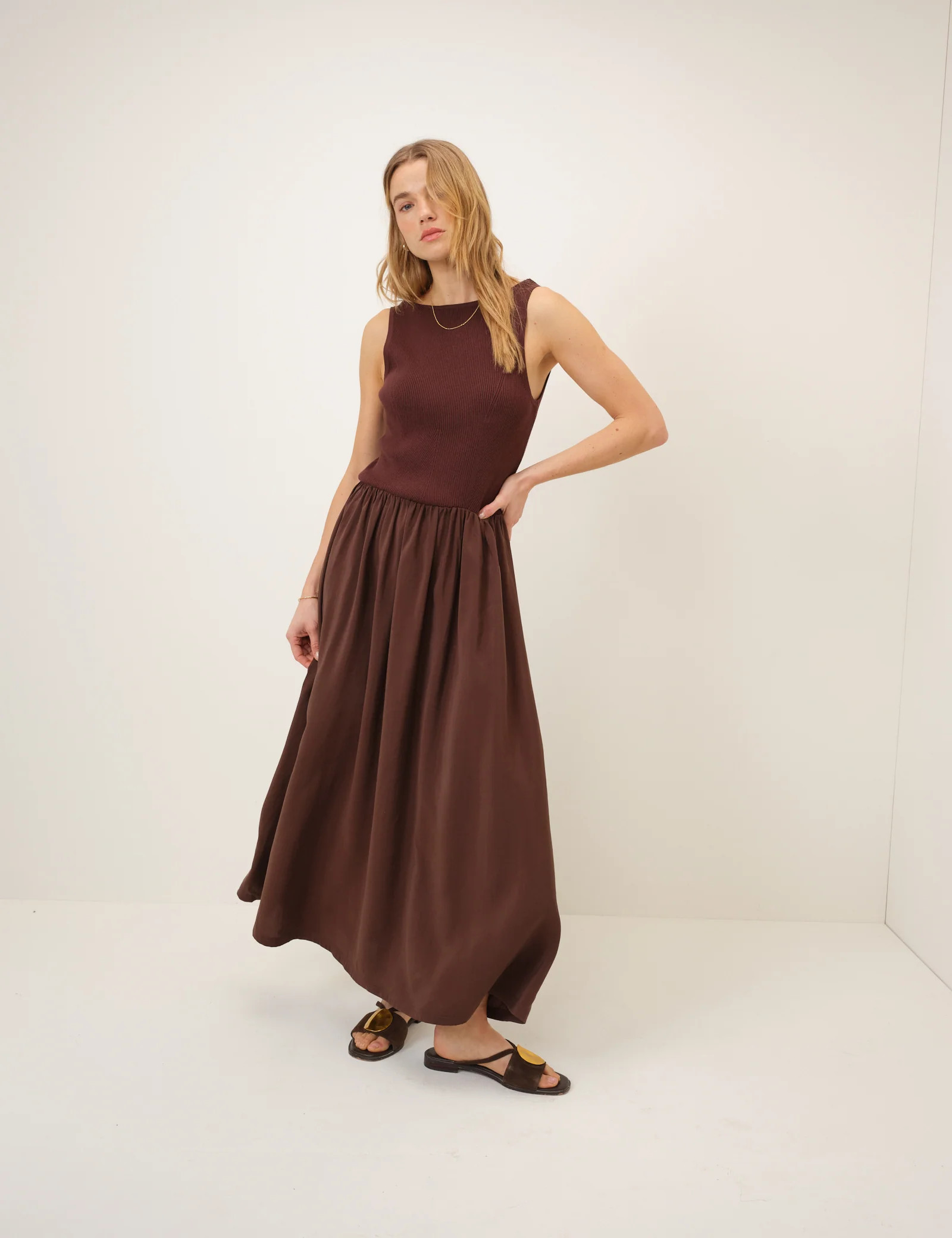 Brown Slash Neck Knitted Bodice Dress | Nobody's Child