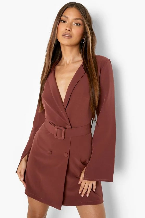 Split Sleeve Collarless Belted Blazer Dress | Boohoo.com (UK & IE)