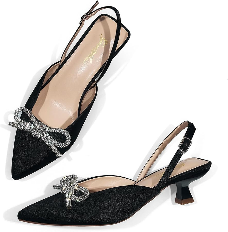 GENSHUO Slingback Rhinestone Bow Heels for Women Closed Pointed Toe Kitten Pumps Slip On Stiletto... | Amazon (US)