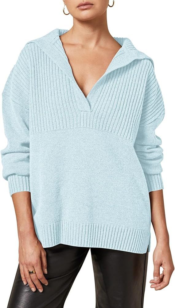 Viottiset Women's Oversized V Neck Lapel Collared Sweater Tunic Pullover Knit Long Sleeve Sweaters | Amazon (US)