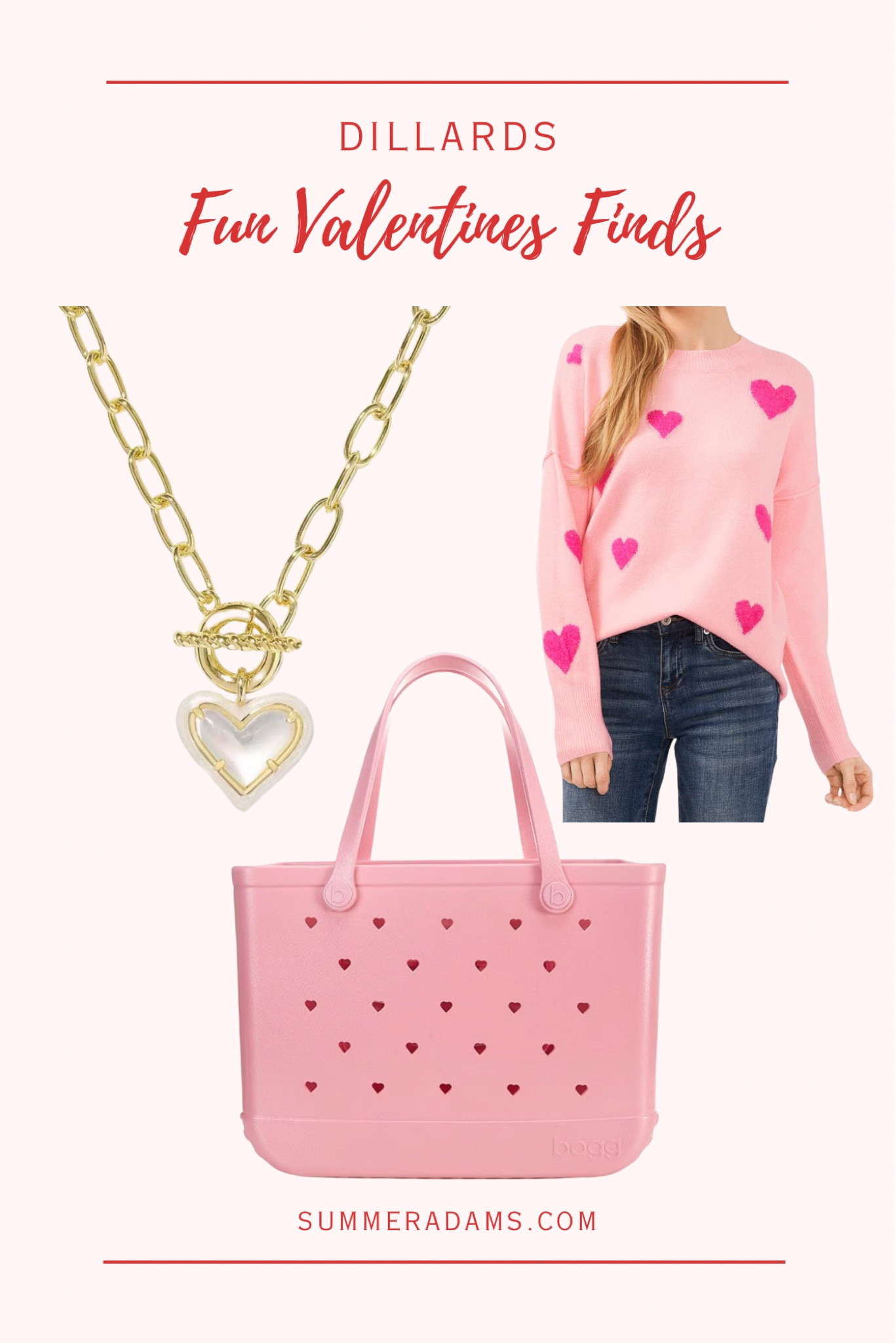 •Kendra Scott Opal heart necklace 
•Heart sweater 
•Pink Heart Bogg Bag