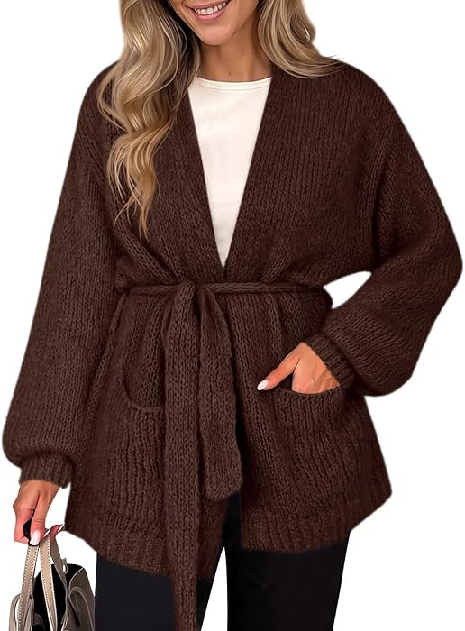 Saodimallsu Womens V Neck Belted Cardigan Sweaters Open Front Knit Coat | Amazon (US)