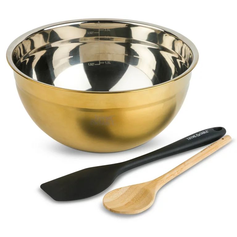 Thyme & Table Stainless Steel Mixing Bowl with Silicone Spatula & Wood Spoon, 3 Piece Set, Gold | Walmart (US)