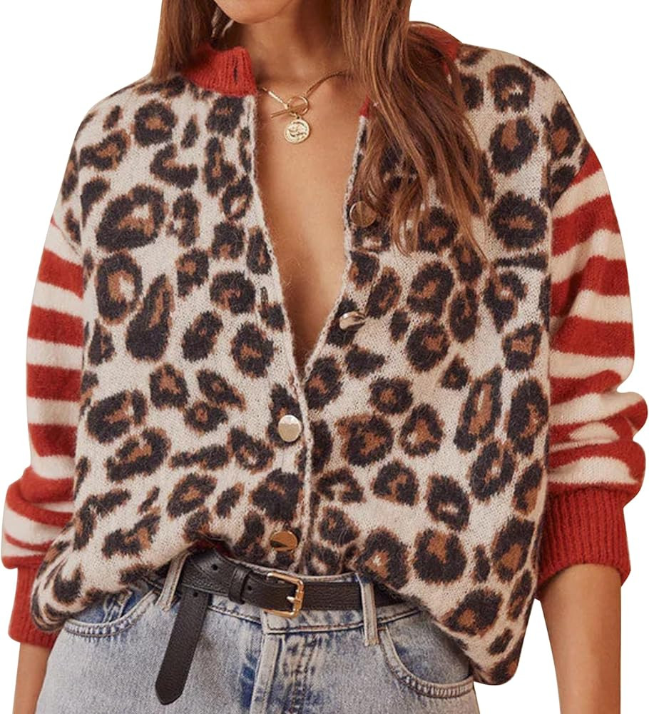 Leopard Striped Cardigans for Women Cheetah Open Front Sweater Knit Button Down Fall Clothes Long... | Amazon (US)