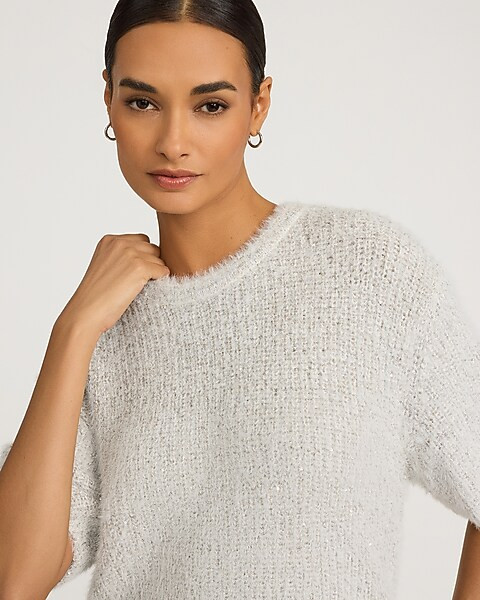 Fuzzy Sequin Crew Neck Short Sleeve Relaxed Sweater | Express