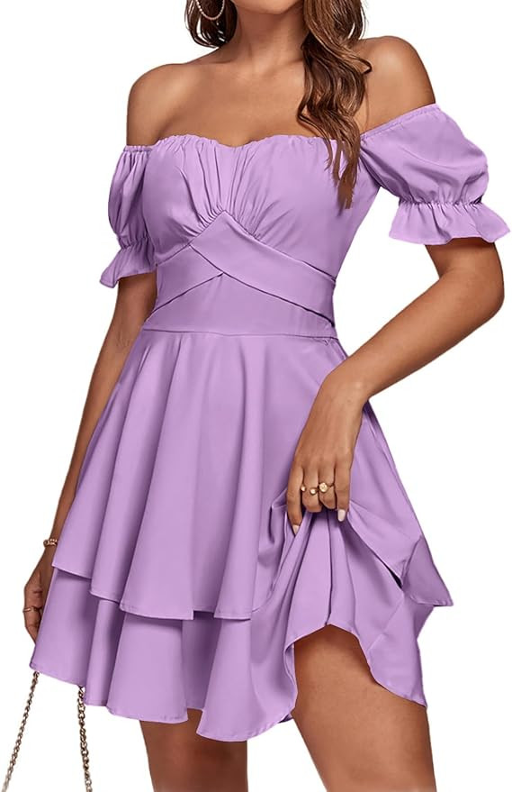 LYANER Women's Tie Back Off Shoulder Wrap Layer Ruffle Short Sleeve Mini Dress | Amazon (US)