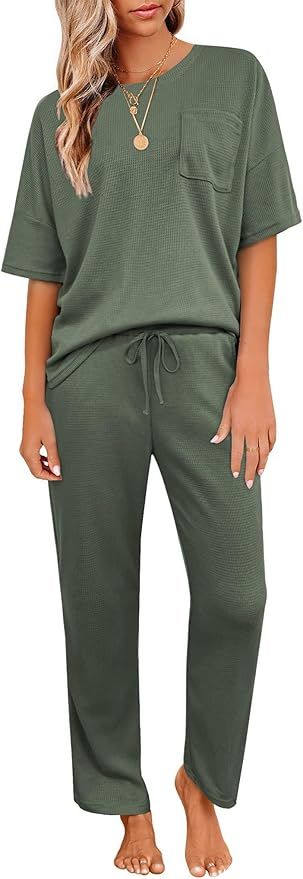 JiniGolla Womens Pajama Sets Waffle Knit Short Sleeve Shirt with Long Pajama Pants Soft Sleepwear... | Amazon (US)