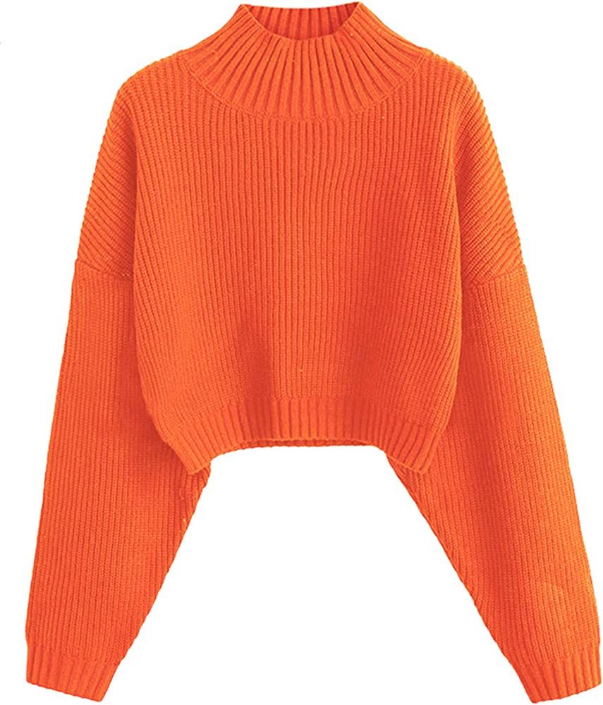 ZAFUL Women's Cropped Turtleneck Sweater Lantern Sleeve Ribbed Knit Pullover Sweater Jumper | Amazon (US)