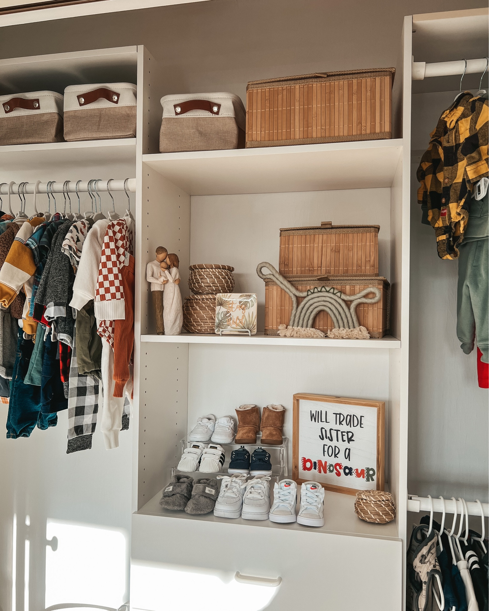 Baby boy nursery. Baby room. Baby closet organization. Boho dinosaur theme nursery. Baby boy shoes. Nursery storage. Nursery organization. Rainbow baby. Dinosaur decor. Home decor. Home organization. 

#LTKbaby #LTKhome