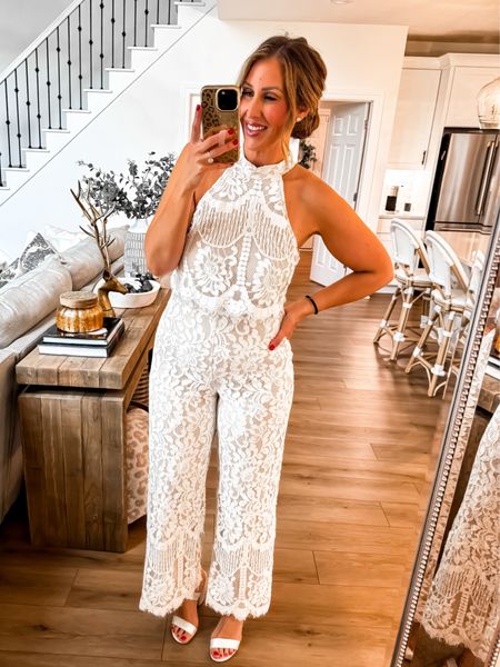 Wedding event outfits lace jumpsuit 
Size up if in between— not much stretch with this one 

#LTKmidsize #LTKwedding #LTKfindsunder100