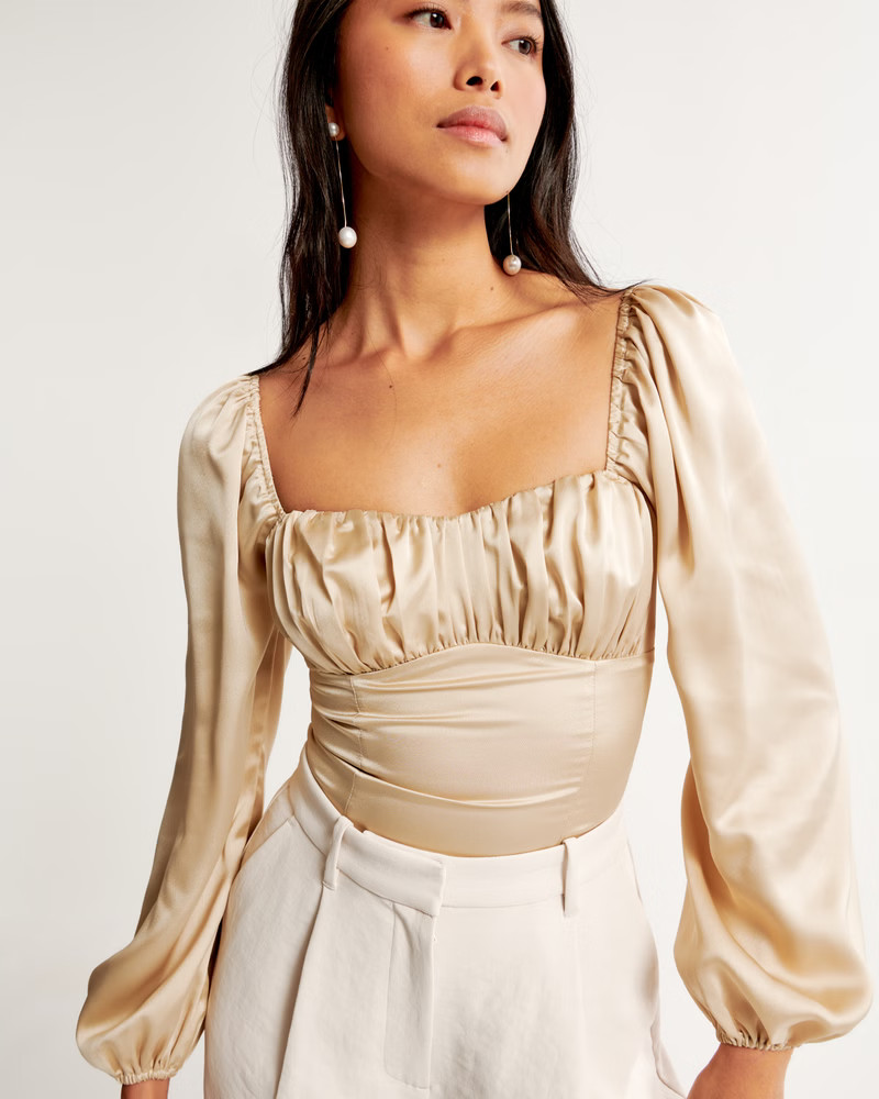 Long-Sleeve Satin Ruched Set Top | Abercrombie & Fitch (US)