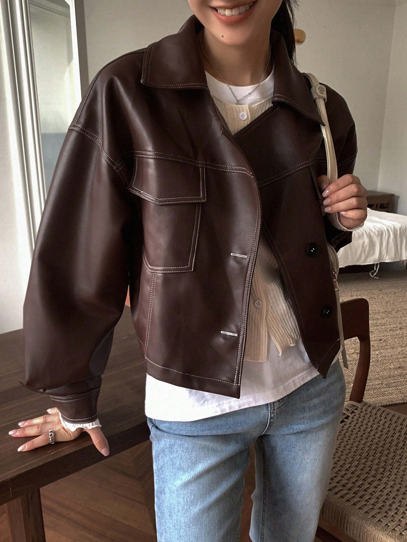 FRIFUL Flap Pocket Drop Shoulder PU Jacket | SHEIN | SHEIN