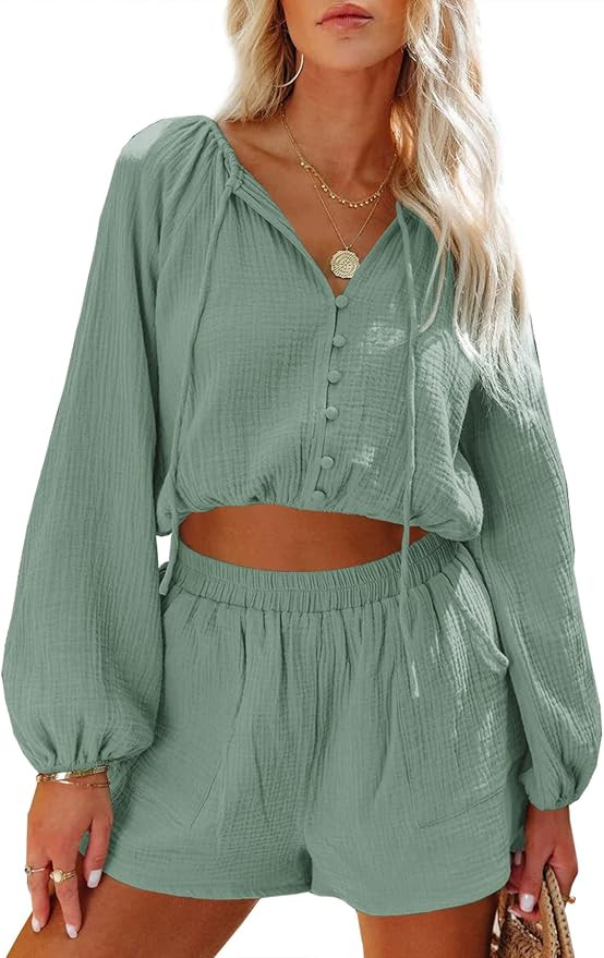 YOVION Women's Lounge Sets V Neck Long Sleeve Button Down Top and Shorts 2 Piece Loungewear Sweat... | Amazon (US)