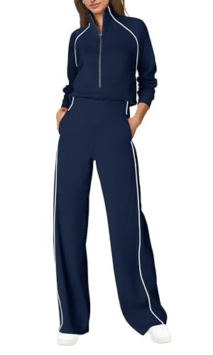SENSERISE Womens Jumpsuits Casual Long Sleeve One Piece Jumpsuit Wide Leg Mock Neck Airport Travel Outfits with Pockets(Navy Blue,M) | Amazon (US)