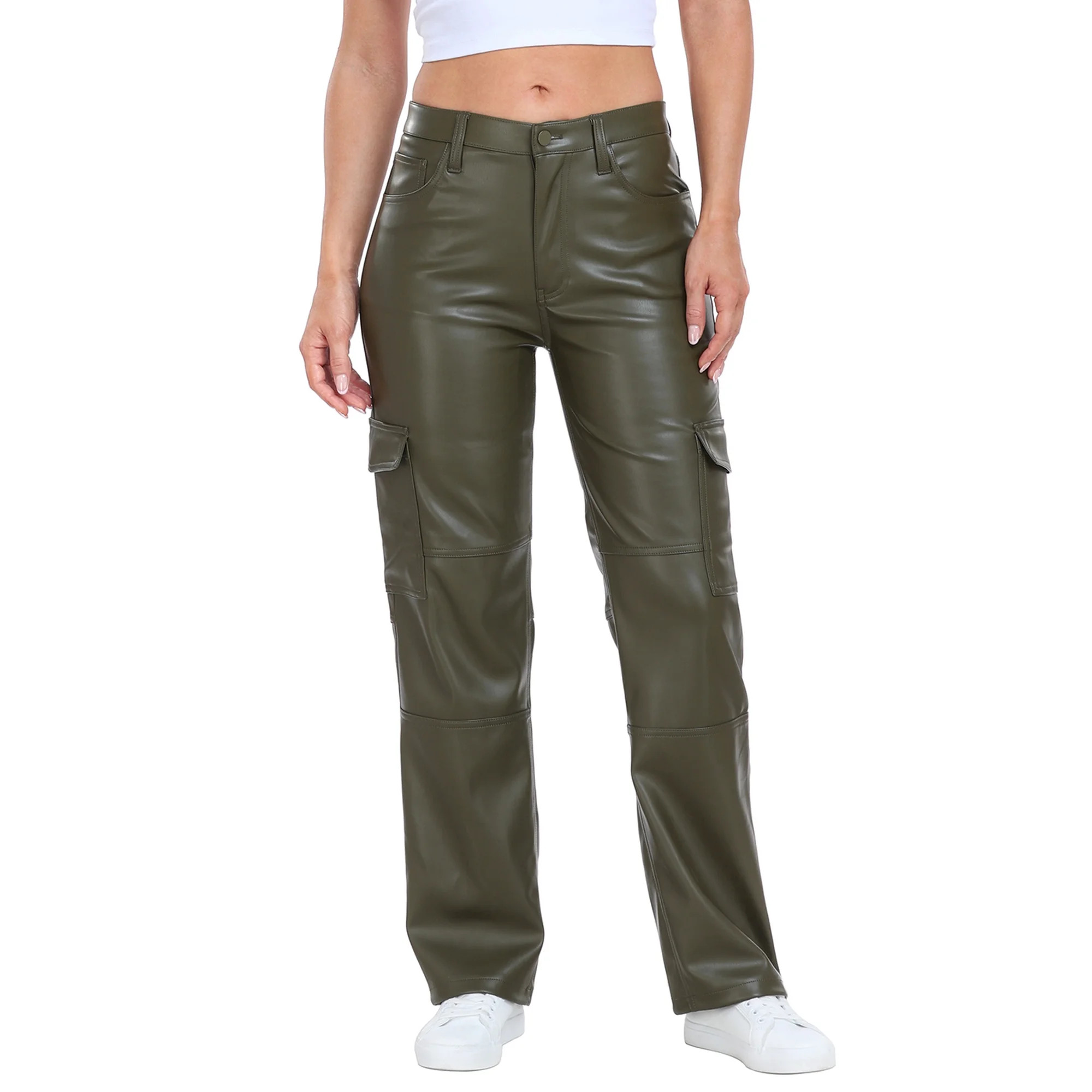 HDE Women s High Waisted Faux Leather Cargo Pants with Pockets Green 32 | Walmart (US)