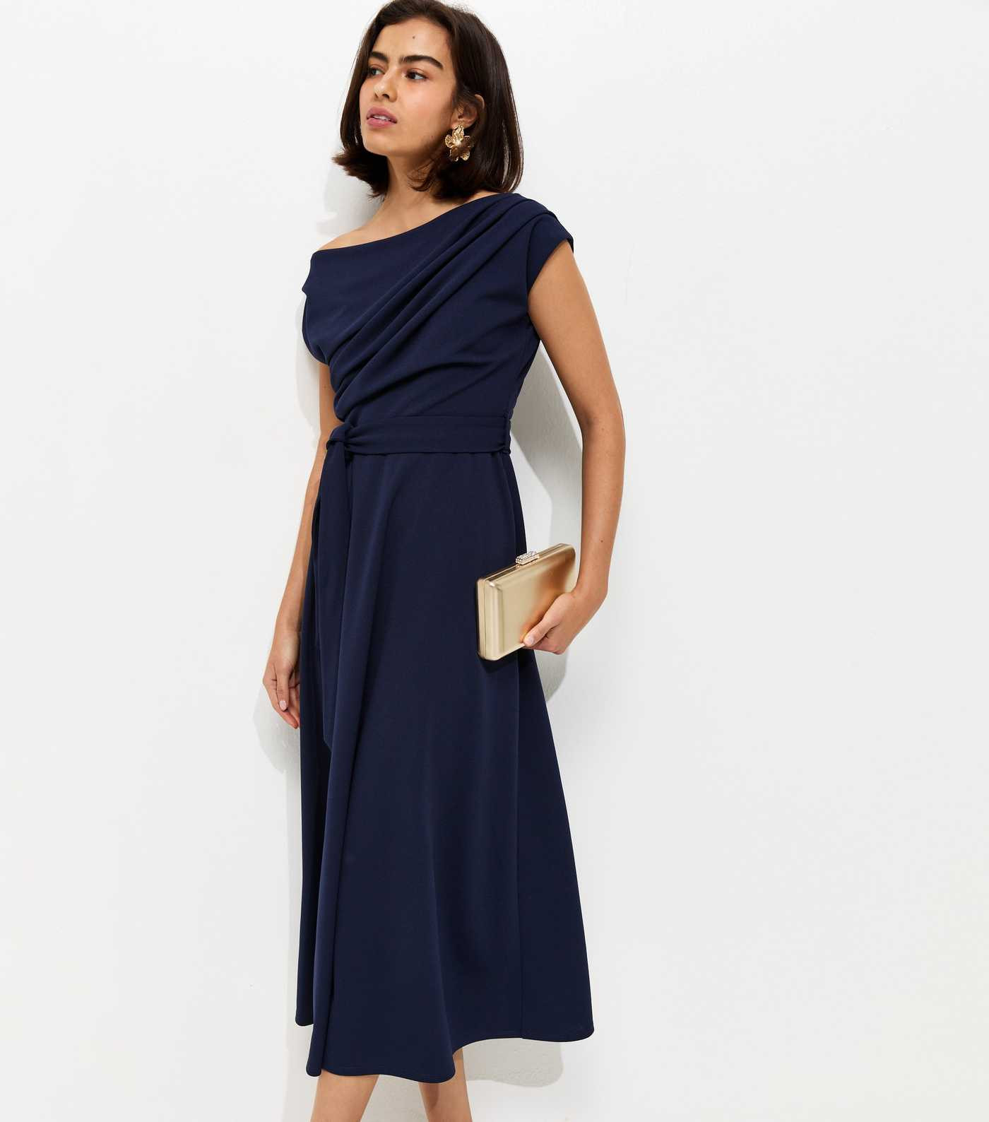 Navy Fallen Shoulder Tie Waist Midi Dress | New Look | New Look (UK)