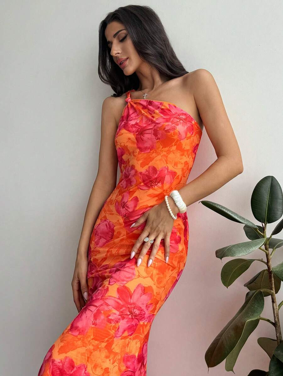 Firerie Women's Summer Elegant Beach Floral Print Bodycon One Shoulder Twist Knot Dress Hawaii,Su... | SHEIN