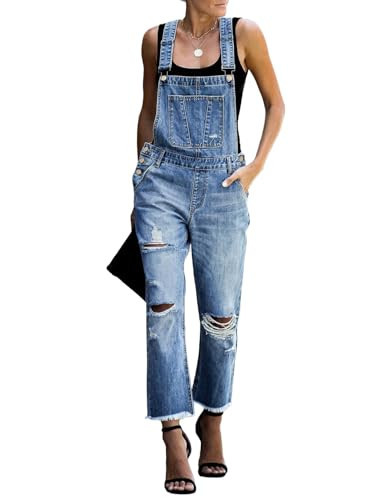 luvamia Flexclusive Women's Casual Distressed Overalls Adjustable Denim Bib Jumpsuits for Women Jean Overalls Pants Trendy Jumpsuits Blue Size Medium | Amazon (US)