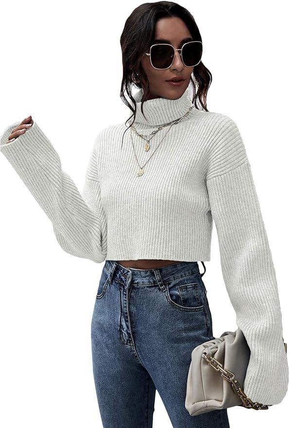 Floerns Women's Turtle Neck Long Sleeve Knitted Pullover Sweater Crop Tops | Amazon (US)