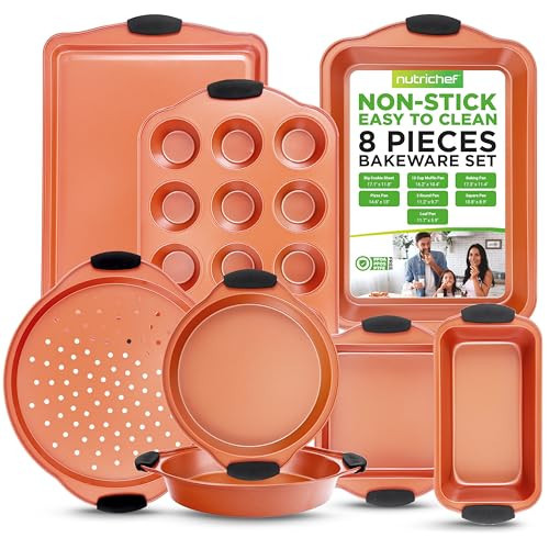 NutriChef 8 Piece Baking Pans Set - Nonstick Carbon Steel Bakeware Set w/ Silicone Heat-Safe Handles - Includes Loaf Pan, Muffin Pan, Cookie Sheets, Pizza Crisper, Roasting Pans - Copper | Amazon (US)