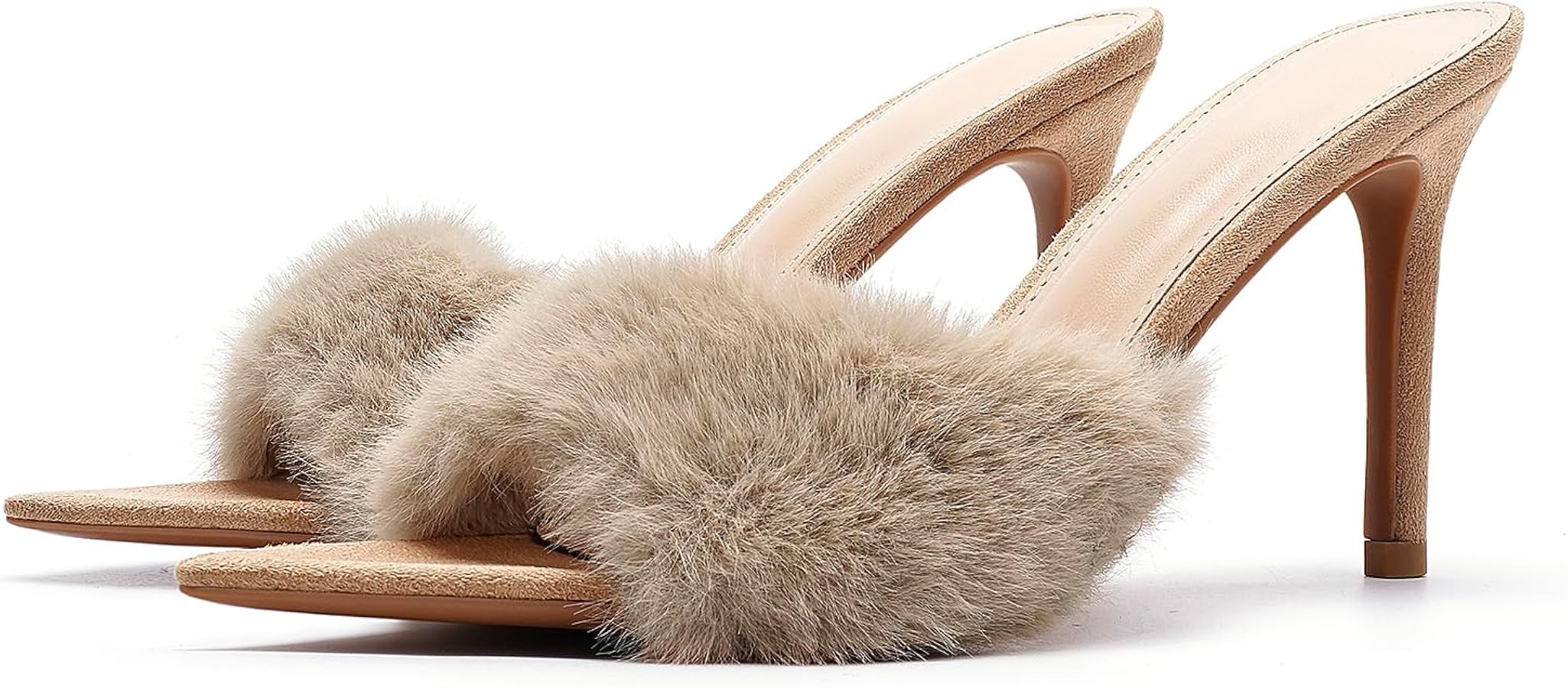 Women'S Pointed Open-Toe Stiletto Cute Fuzzy Slide Sandals Sexy Slip On High Heel Feather Mules W... | Amazon (US)