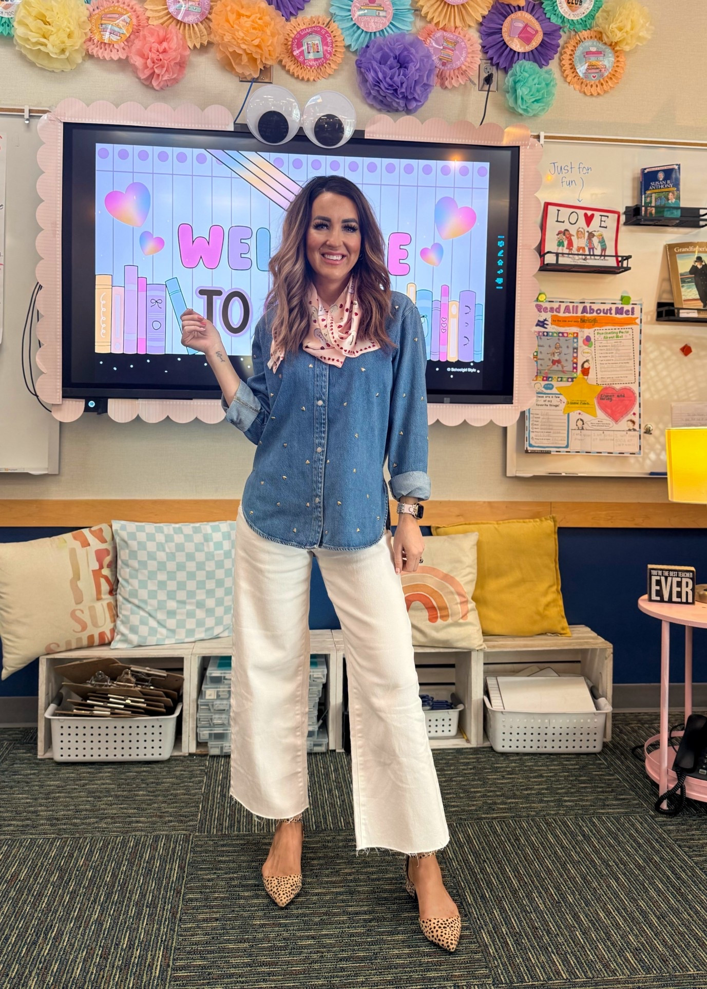 10/10 would recommend wearing this outfit again.  🩷The denim shirt is nice and thick and has these cute little gold hearts all over it. I’m obsessed with the wide leg white pants and I finished off the outfit with a silk bandanna, scarf and leopard print pointed heels.

Silk bandana, white denim, denim shirt, target style 

#LTKmomlife #LTKOver40 #LTKootd