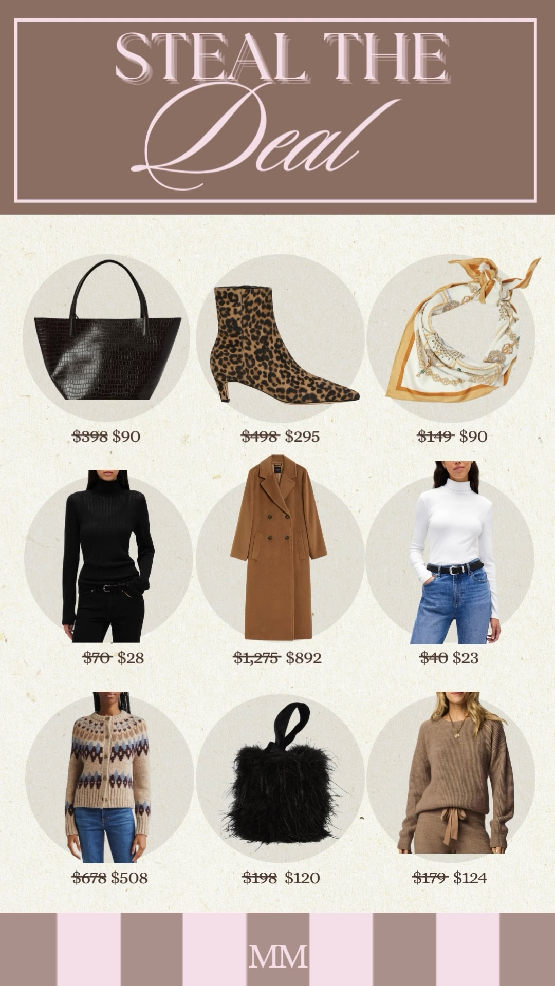 Steal the deal with these major markdowns for a neutral capsule wardrobe. Shop fall winter outfit staples on sale including a black tote bag, leopard print ankle boots, silk scarf, black ribbed turtleneck, camel wool coat, white fitted turtleneck top, Fair Isle knit cardigan, fuzzy black mini bag, and a neutral knit lounge set. Perfect for workwear outfits, elevated basics, travel outfits, weekend outfits, holiday outfits, and everyday layering. [ltk sale, ltk finds, ltk under 100, fall outfits, winter outfits, workwear outfits, capsule wardrobe, neutral outfits, elevated basics, wardrobe staples, camel coat, turtleneck outfit, leopard boots, tote bag, scarf outfit, knit cardigan, cozy loungewear]

#LTKSaleAlert #LTKOver40 #LTKFindsUnder100