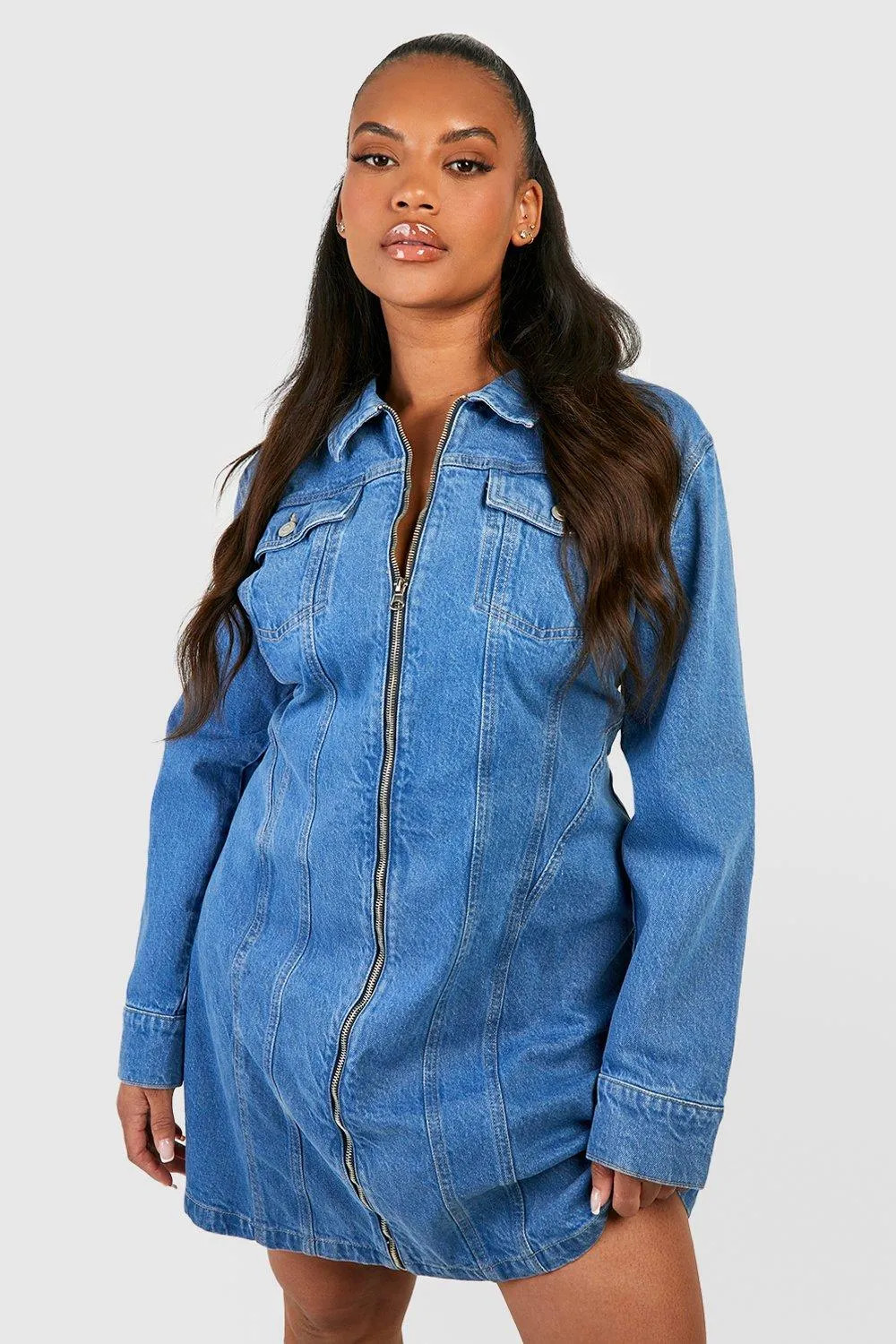 Plus Denim Zip Up Shift Dress | Boohoo.com (UK & IE)