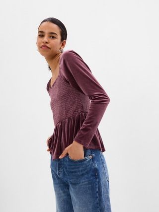 Puff Sleeve Smocked Peplum Velvet Top | Gap (US)